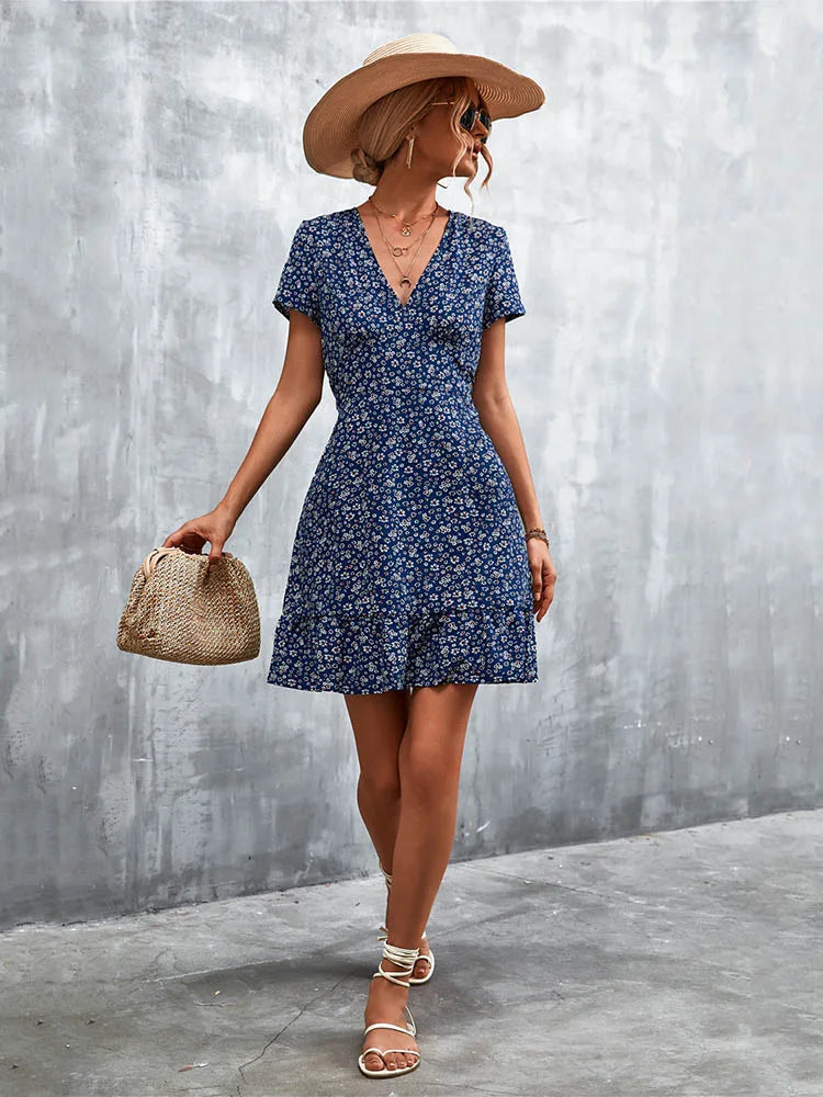 AD | Kort Boho V-Neck Blommor Bohemiska blommor Mini Midiklänningar