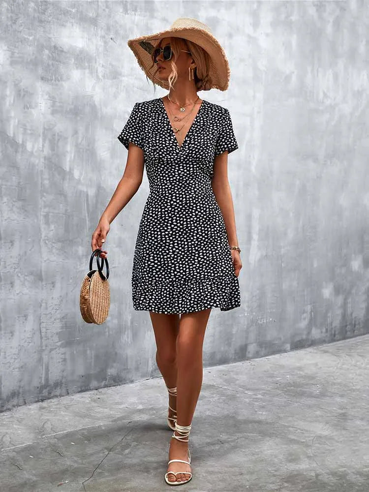 AD | Kort Boho V-Neck Blommor Bohemiska blommor Mini Midiklänningar
