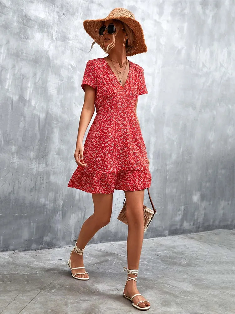 AD | Kort Boho V-Neck Blommor Bohemiska blommor Mini Midiklänningar