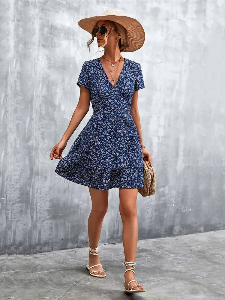 AD | Kort Boho V-Neck Blommor Bohemiska blommor Mini Midiklänningar