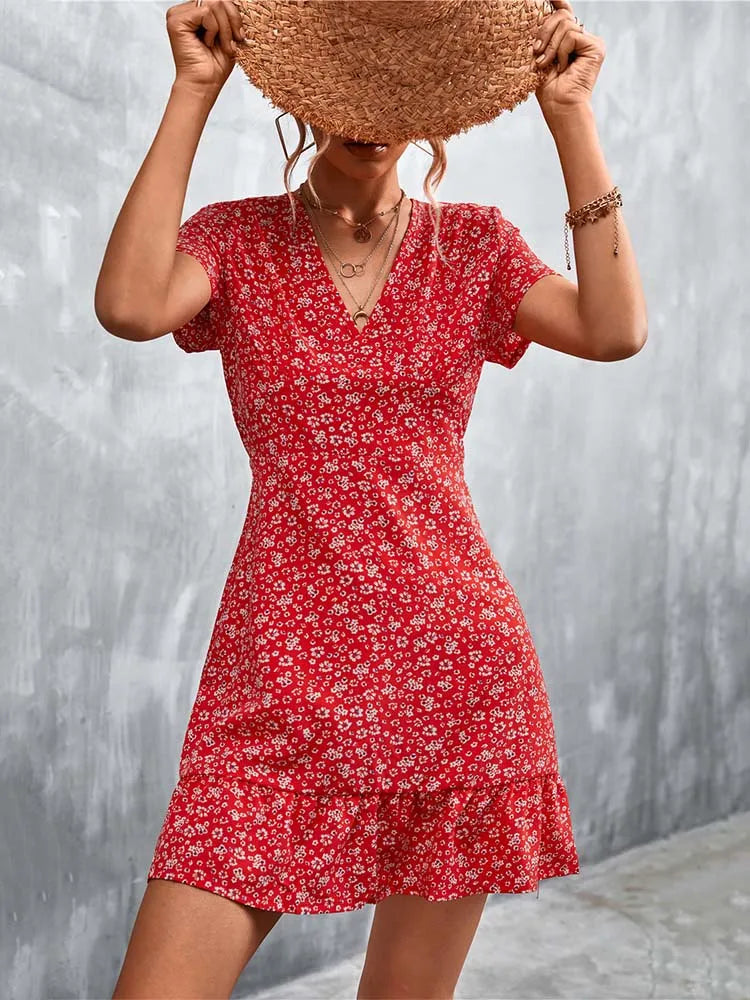 AD | Kort Boho V-Neck Blommor Bohemiska blommor Mini Midiklänningar