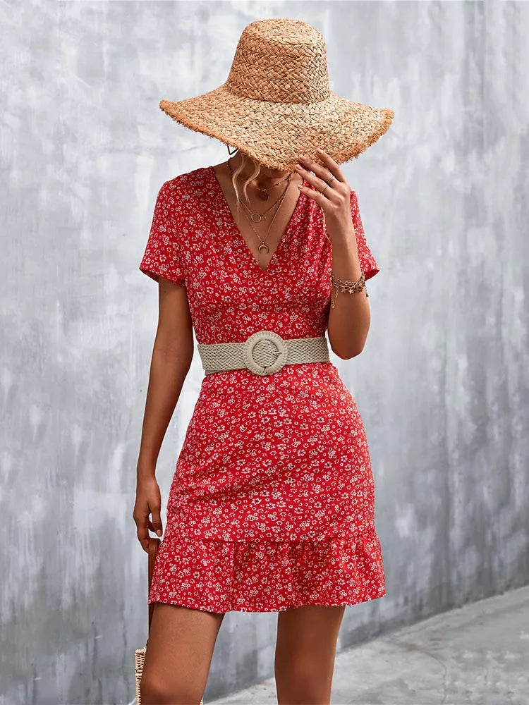 AD | Kort Boho V-Neck Blommor Bohemiska blommor Mini Midiklänningar