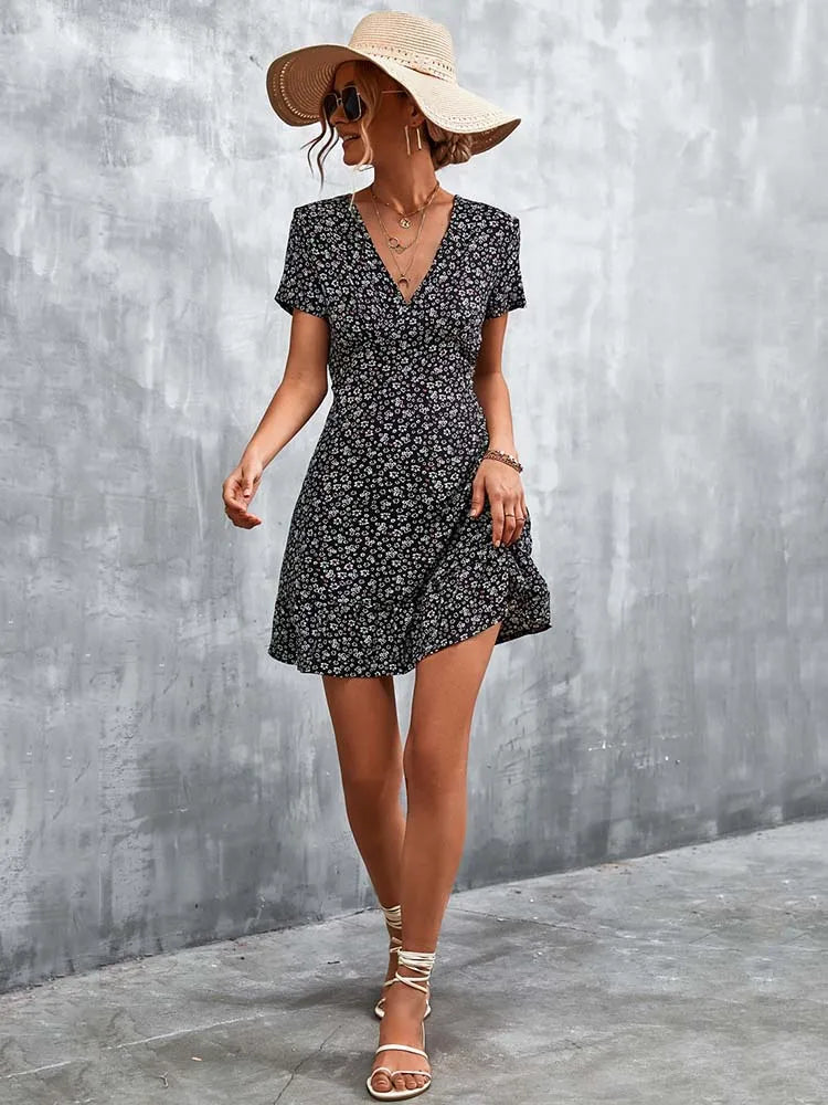 AD | Kort Boho V-Neck Blommor Bohemiska blommor Mini Midiklänningar