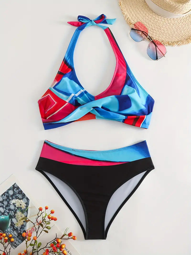 AD | Snyggt slumpmässigt tryck Halter Kors Bikini