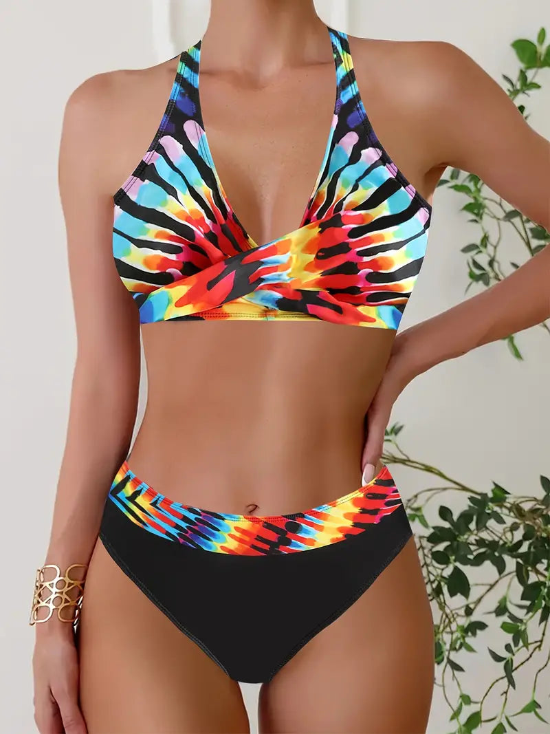 AD | Snyggt slumpmässigt tryck Halter Kors Bikini