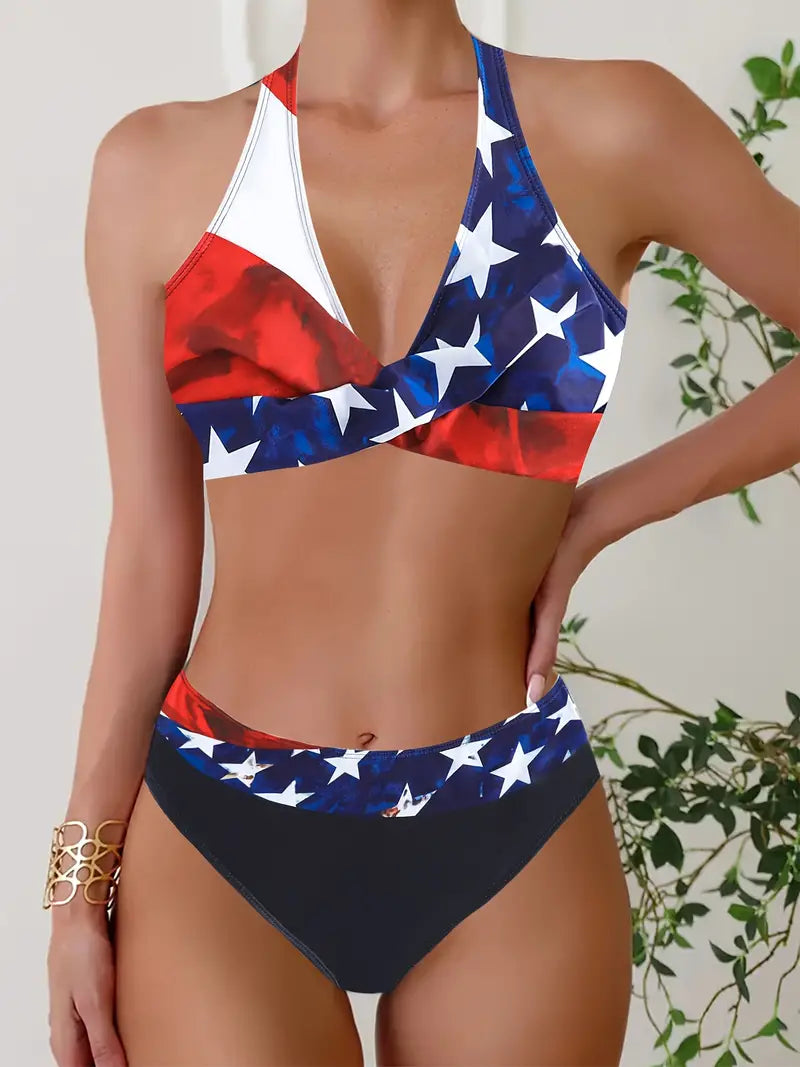 AD | Snyggt slumpmässigt tryck Halter Kors Bikini
