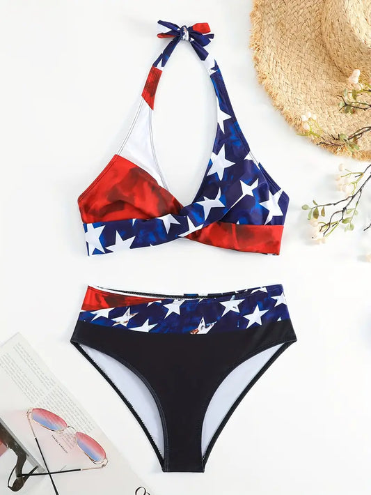 AD | Snyggt slumpmässigt tryck Halter Kors Bikini