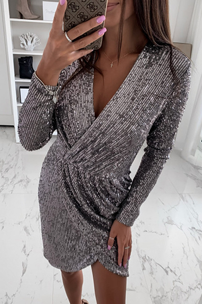 AD | Fashionabel elegant enkel patchwork plisserad aftonklänning med V-ringning