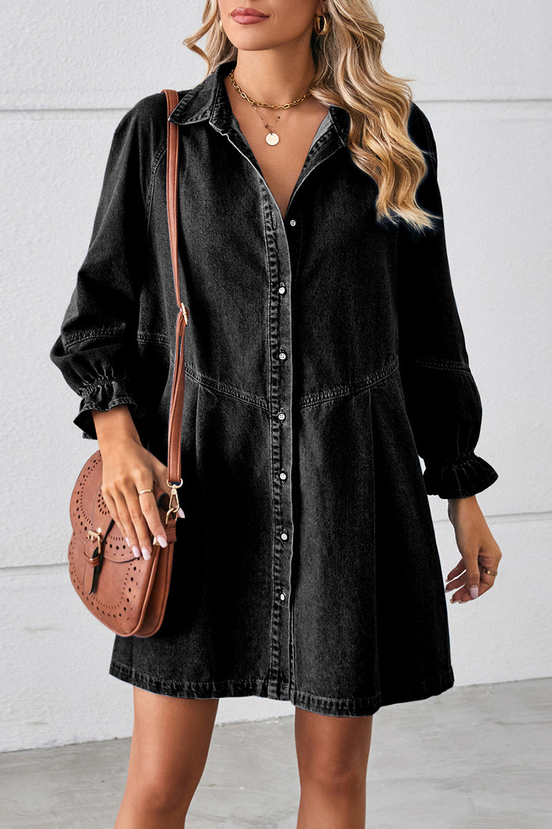 AD | Casual Street Distressed Turndown Krage Långärmad Lös Denim Klänningar(3 Färger)