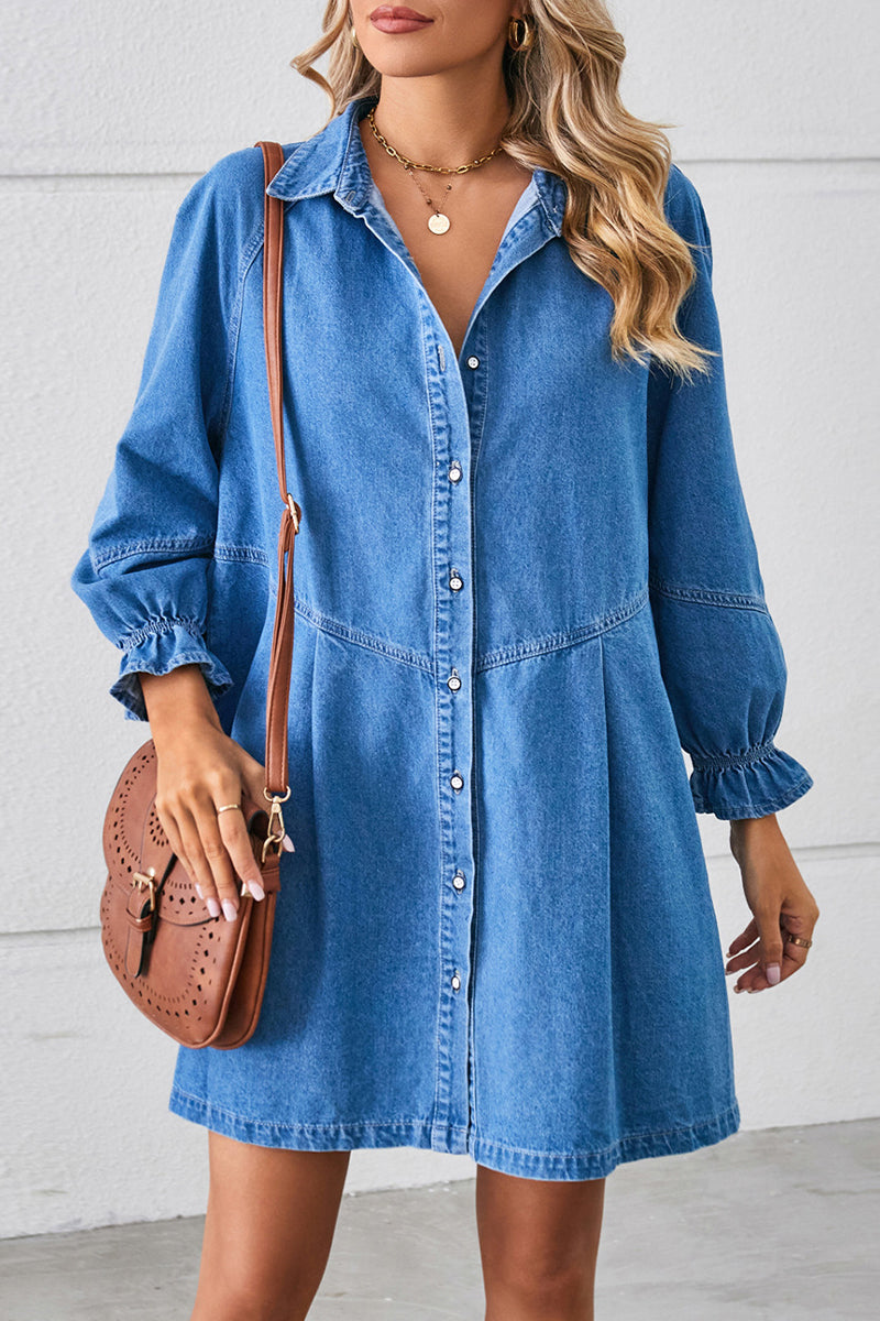 AD | Casual Street Distressed Turndown Krage Långärmad Lös Denim Klänningar(3 Färger)