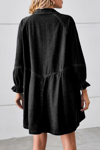 AD | Casual Street Distressed Turndown Krage Långärmad Lös Denim Klänningar(3 Färger)