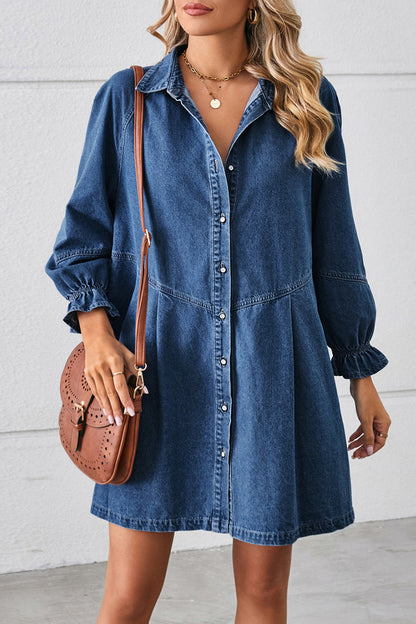 AD | Casual Street Distressed Turndown Krage Långärmad Lös Denim Klänningar(3 Färger)
