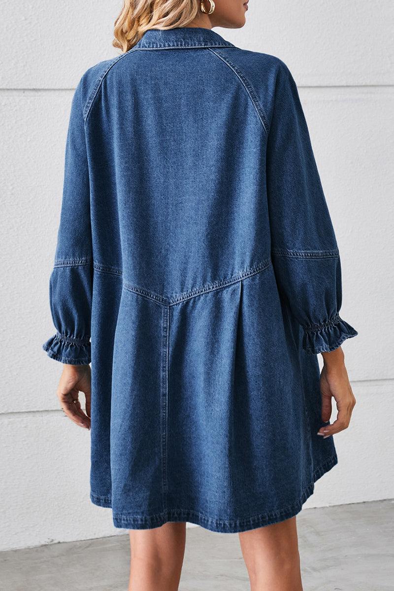 AD | Casual Street Distressed Turndown Krage Långärmad Lös Denim Klänningar(3 Färger)