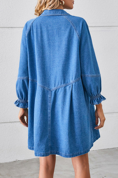 AD | Casual Street Distressed Turndown Krage Långärmad Lös Denim Klänningar(3 Färger)