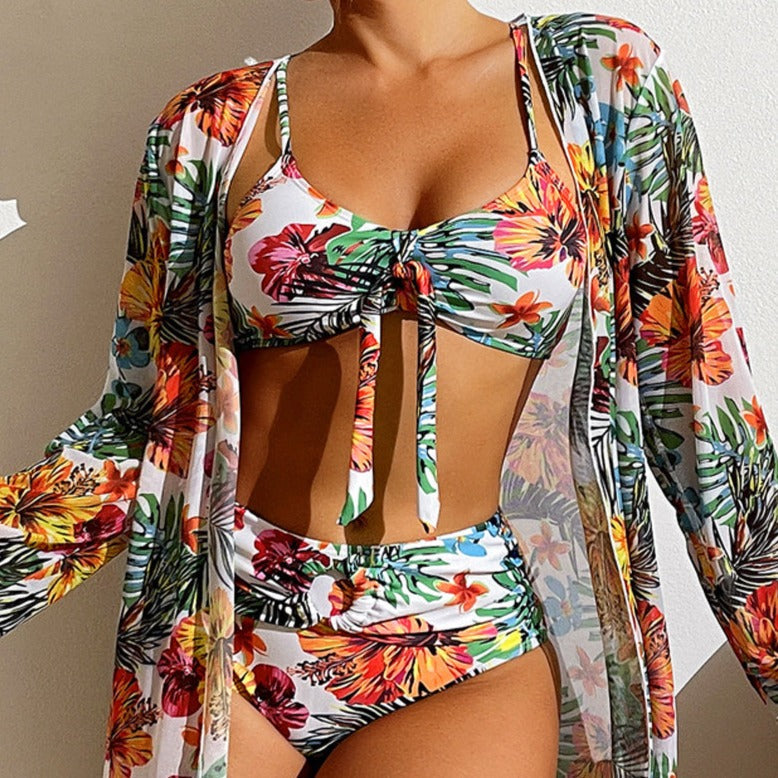 AD | 3-delad blommig bikini med överdragsbyxa