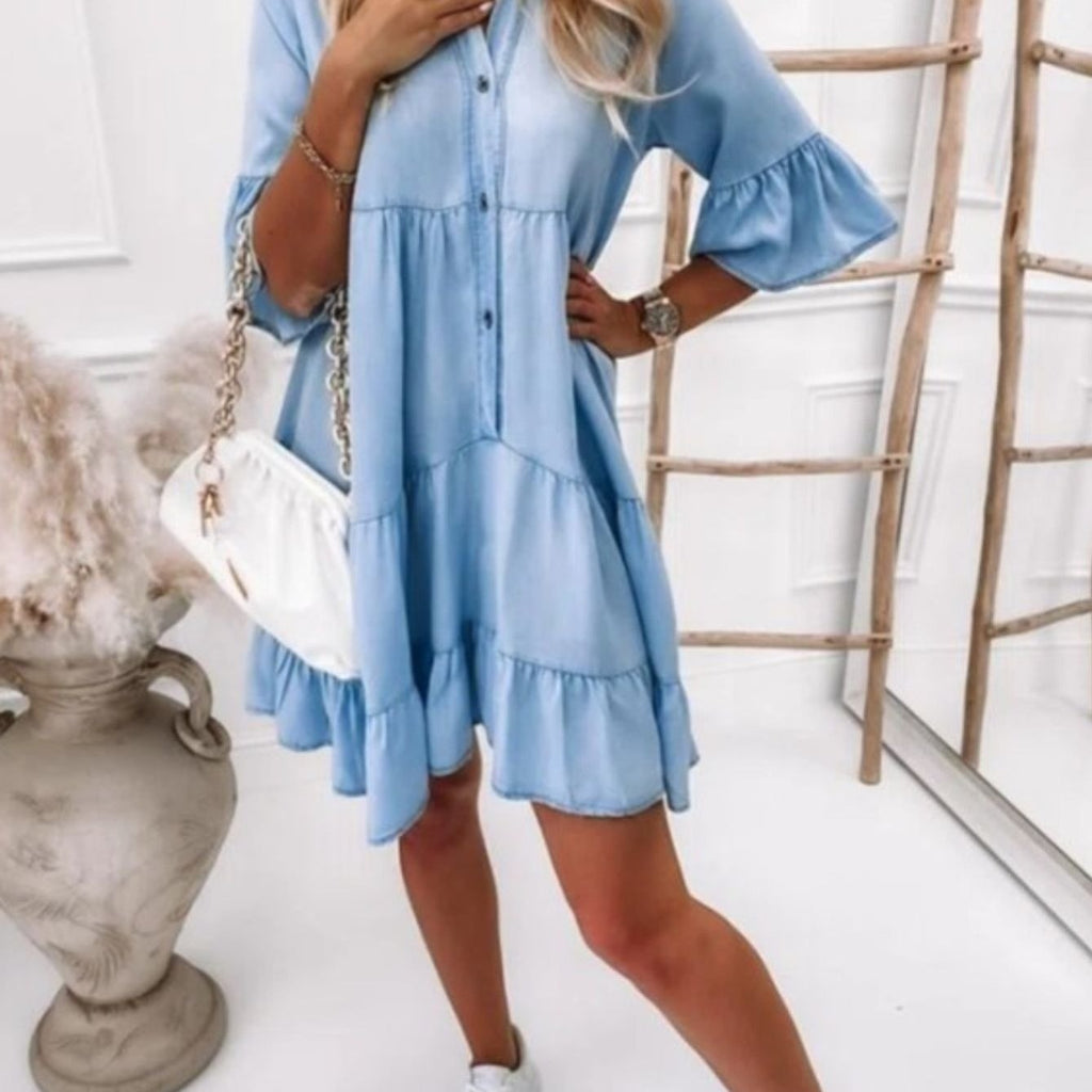 AD | Sheyla - Midi denimklänning, denimkjol med volang, ledig, lös klänning