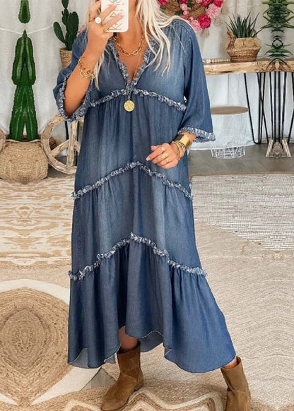 AD | Chic marinblå V-ringad patchworkdenim med tofsar Långklänning med halv ärm
