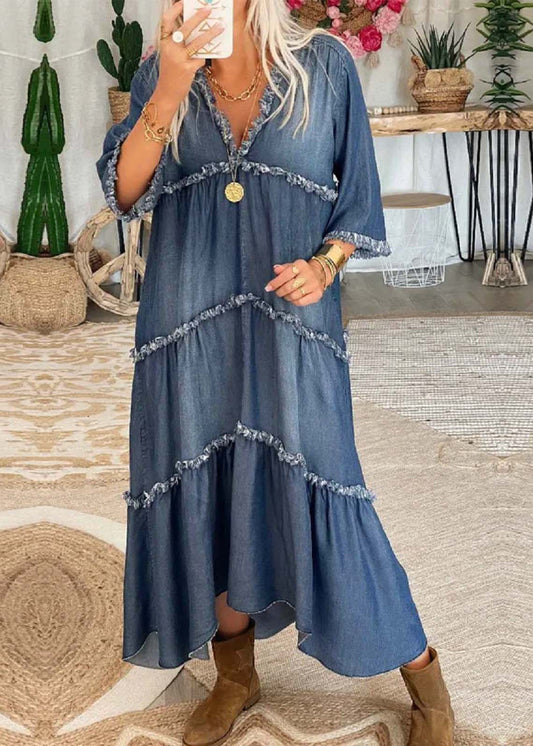 AD | Chic marinblå V-ringad patchworkdenim med tofsar Långklänning med halv ärm
