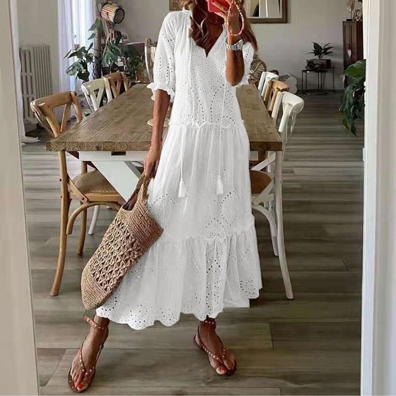 AD | Vestido largo Bohemio chic de Encaje en Blanco con Volantes
