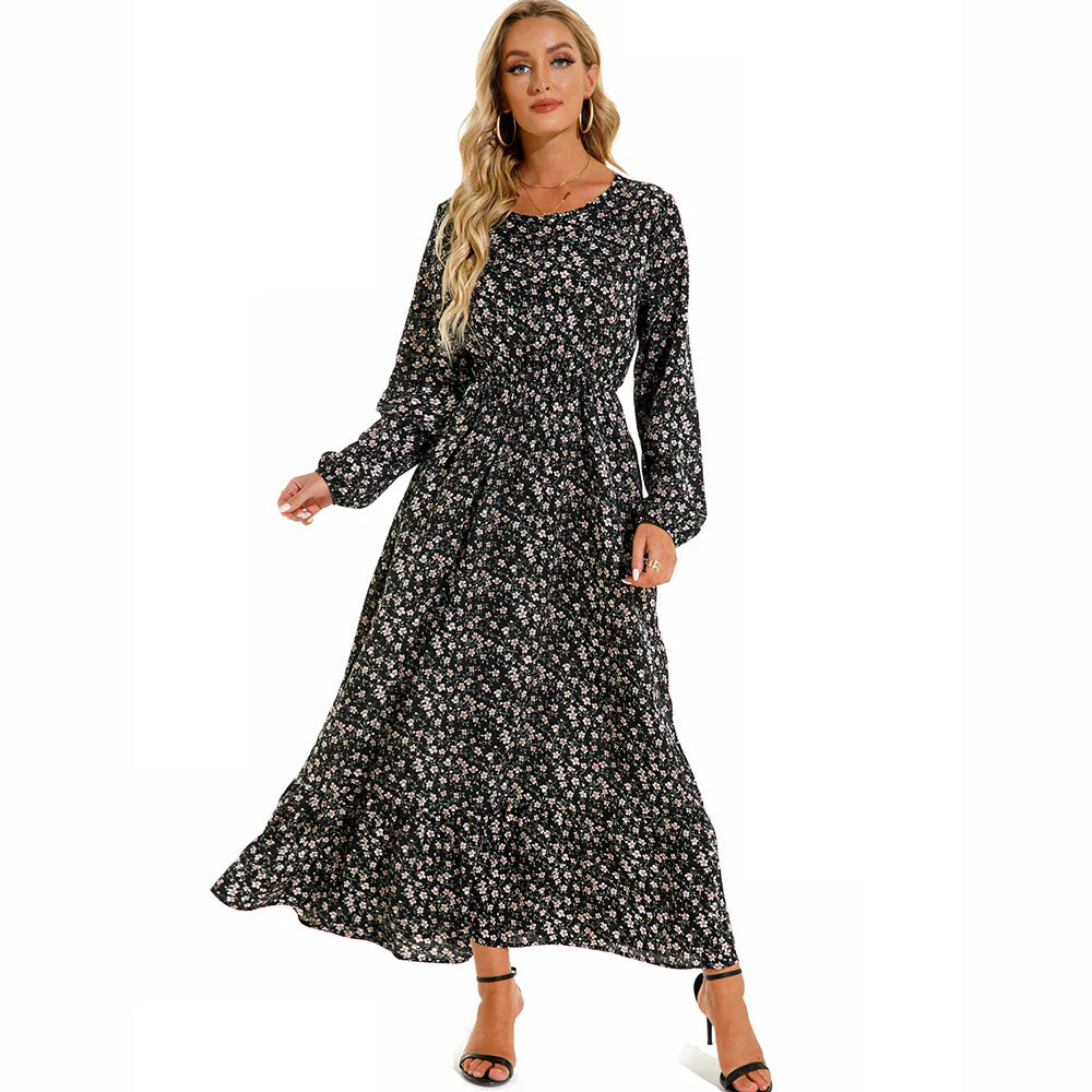 AD | Bohemiska kvinnor Maxi Casual Långärmad Chiffong Midiklänningar med hög midja