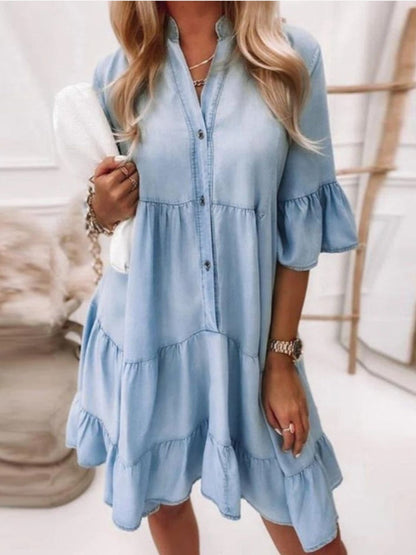AD | Sheyla - Midi denimklänning, denimkjol med volang, ledig, lös klänning