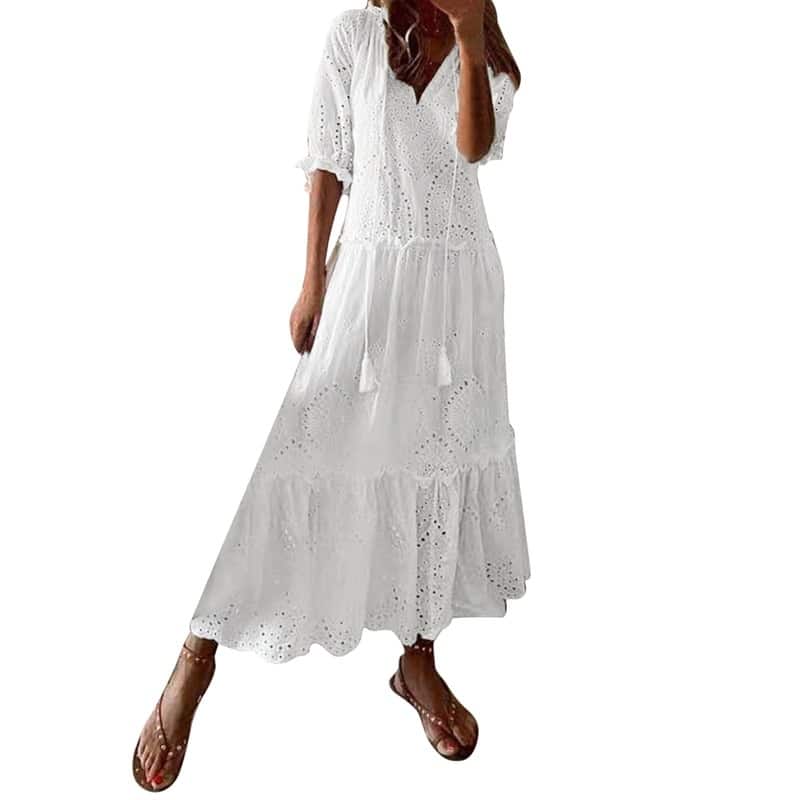 AD | Vestido largo Bohemio chic de Encaje en Blanco con Volantes