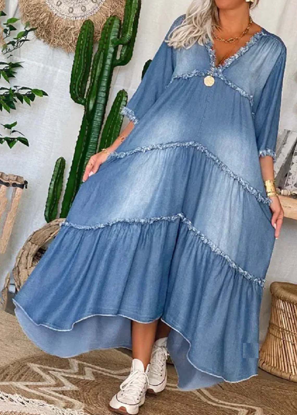 AD | Chic marinblå V-ringad patchworkdenim med tofsar Långklänning med halv ärm