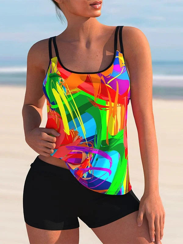 AD | Plus Size Badkläder Ärmlös blommig tryckt ljus randig tankini