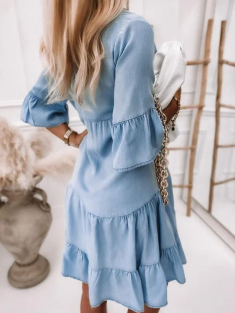 AD | Sheyla - Midi denimklänning, denimkjol med volang, ledig, lös klänning