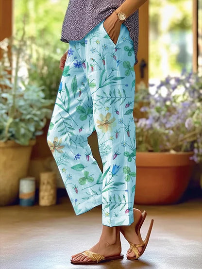AD | Blommig design för kvinnor Lösa fickor med patchwork och avslappnade byxor