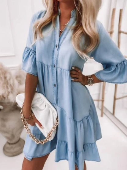 AD | Sheyla - Midi denimklänning, denimkjol med volang, ledig, lös klänning