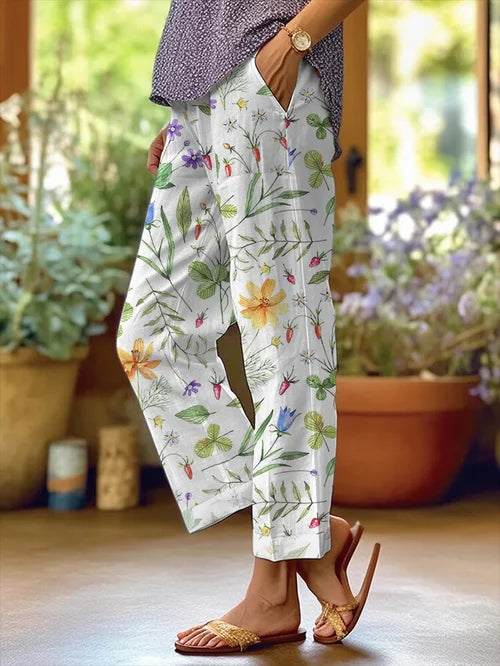 AD | Blommig design för kvinnor Lösa fickor med patchwork och avslappnade byxor