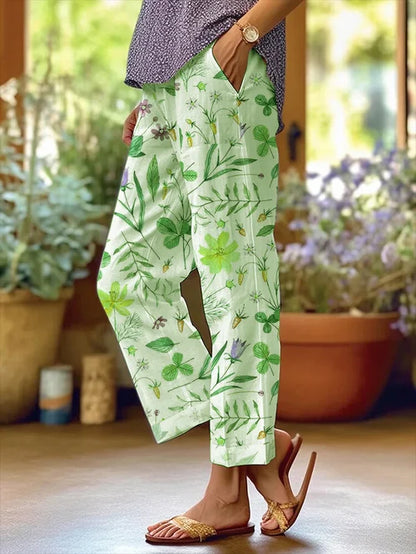 AD | Blommig design för kvinnor Lösa fickor med patchwork och avslappnade byxor