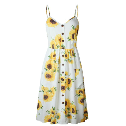 AD | Print Braces Robe V-Neck Seeveless Ladies Vestiti Donna Midiklänningar