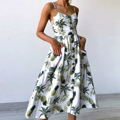AD | Print Braces Robe V-Neck Seeveless Ladies Vestiti Donna Midiklänningar