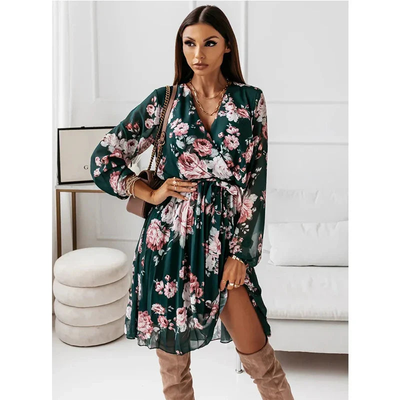 AD | Floral Casual Deep V-Neck Green Pleated Office Femme Midiklänningar