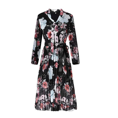 AD | Floral Casual Deep V-Neck Green Pleated Office Femme Midiklänningar