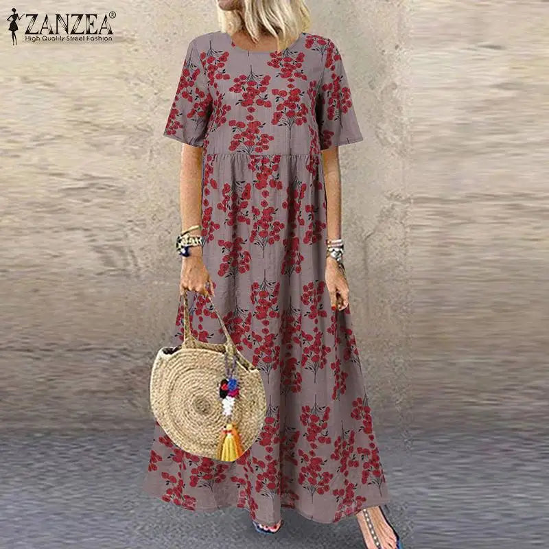 AD | 2024 ZANZEA Kvinnor Bohemisk Kortärmad Blomstertryckt Sundress O Neck Holiday Kaftan Vestido Baggy Klänning Sommar Långklänningar