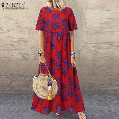 AD | 2024 ZANZEA Kvinnor Bohemisk Kortärmad Blomstertryckt Sundress O Neck Holiday Kaftan Vestido Baggy Klänning Sommar Långklänningar