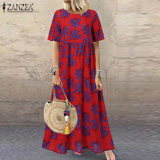 AD | 2024 ZANZEA Kvinnor Bohemisk Kortärmad Blomstertryckt Sundress O Neck Holiday Kaftan Vestido Baggy Klänning Sommar Långklänningar