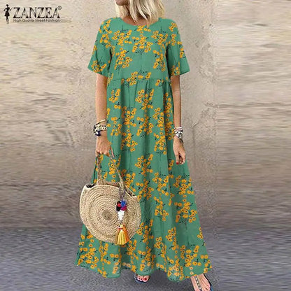 AD | 2024 ZANZEA Kvinnor Bohemisk Kortärmad Blomstertryckt Sundress O Neck Holiday Kaftan Vestido Baggy Klänning Sommar Långklänningar