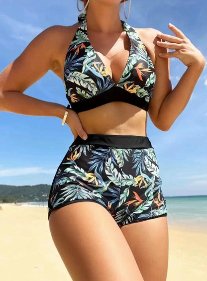 AD dammode bladtryck band split bikini badkläder