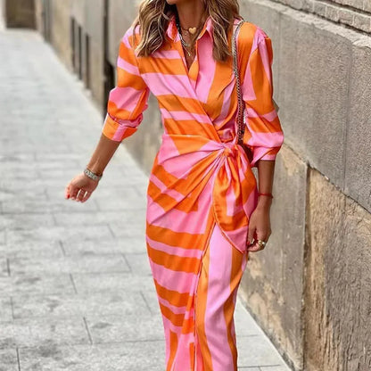 AD | 2024 AliExpress Europeiska och amerikanska gränsöverskridande nya mode tryckt skjorta krage snörning upp midi randig klänning