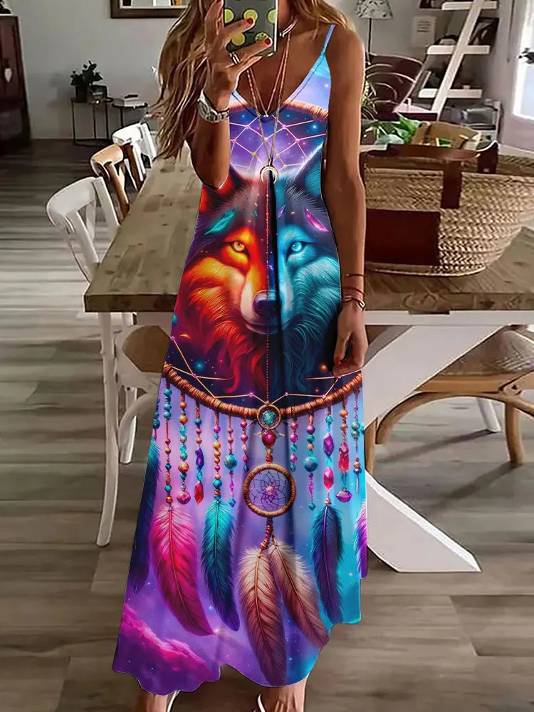 AD | 2024 Ny 3D Uggla Vintage Print Ärmlös Vest Lång Kvinnor Tribal Mönster Spaghetti Strap Klänning Sommar Lång Lös Vest Klänningar