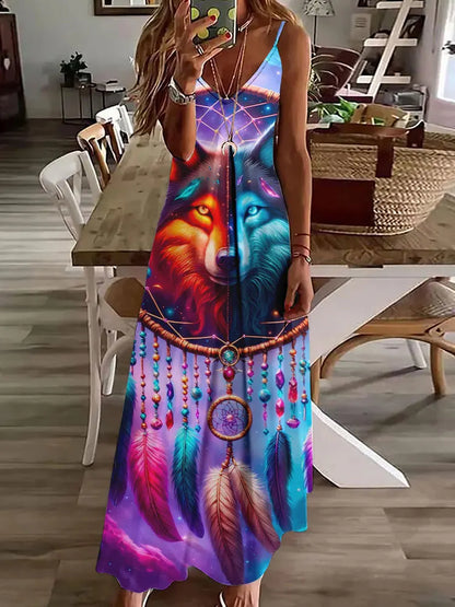 AD | 2024 Ny 3D Uggla Vintage Print Ärmlös Vest Lång Kvinnor Tribal Mönster Spaghetti Strap Klänning Sommar Lång Lös Vest Klänningar