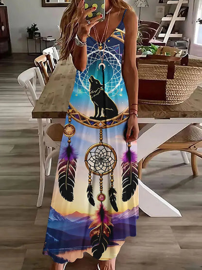 AD | 2024 Ny 3D Uggla Vintage Print Ärmlös Vest Lång Kvinnor Tribal Mönster Spaghetti Strap Klänning Sommar Lång Lös Vest Klänningar