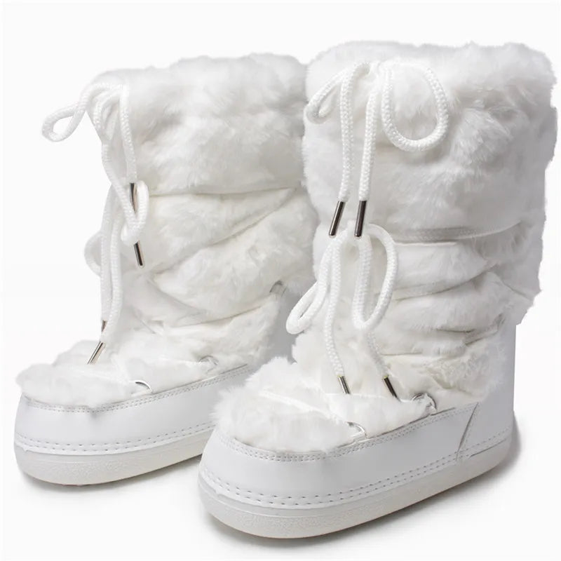 2025 Winter White Mid-calf Boots Women Fur Boots Brand Luxury Fluffy Fur Snow Boots Female Thick Fur Non-slip Cotton Boots