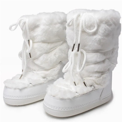 2025 Winter White Mid-calf Boots Women Fur Boots Brand Luxury Fluffy Fur Snow Boots Female Thick Fur Non-slip Cotton Boots