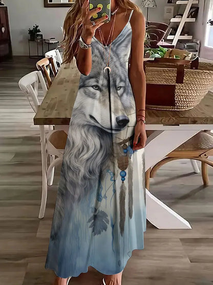 AD | 2024 Ny 3D Uggla Vintage Print Ärmlös Vest Lång Kvinnor Tribal Mönster Spaghetti Strap Klänning Sommar Lång Lös Vest Klänningar