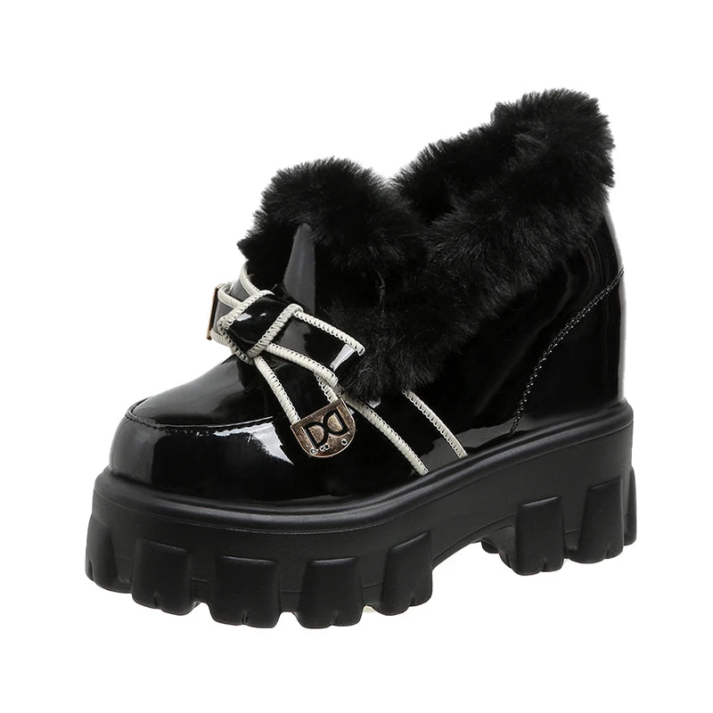 Women Winter Leather Chunky Ankle Boots 10.5CM High Heels British Style Platform Sneakers Woman Walking Trainers Sport Dad Shoes